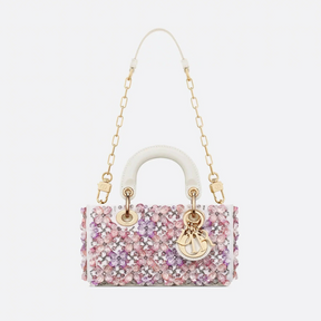 DIOR LADY D-JOY MICRO TASCHE AUS WEISSEM KALBSLEDER MIT ROSA BLUMENSTICKEREI UND STRASS