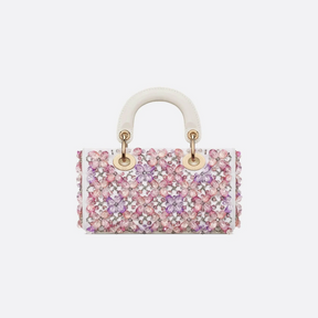 DIOR LADY D-JOY MICRO TASCHE AUS WEISSEM KALBSLEDER MIT ROSA BLUMENSTICKEREI UND STRASS