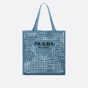 PRADA SHOPPER-TASCHE AUS RAPHIA MIT GEWEBTEM LOGO – BLAU